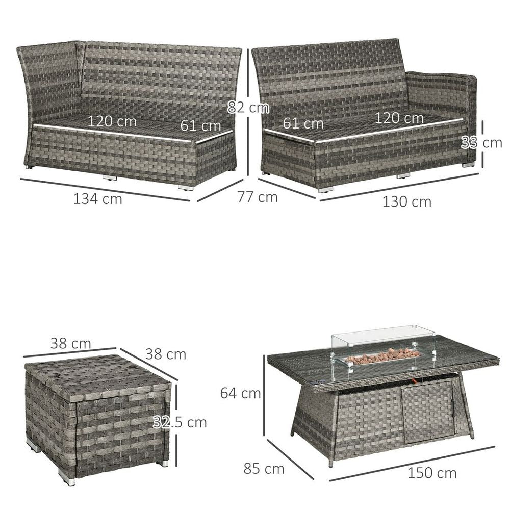 Outsunny 7 Pieces Rattan Garden Furniture Set w/ 50,000 BTU Gas Fire Pit Table - SILVIONIX