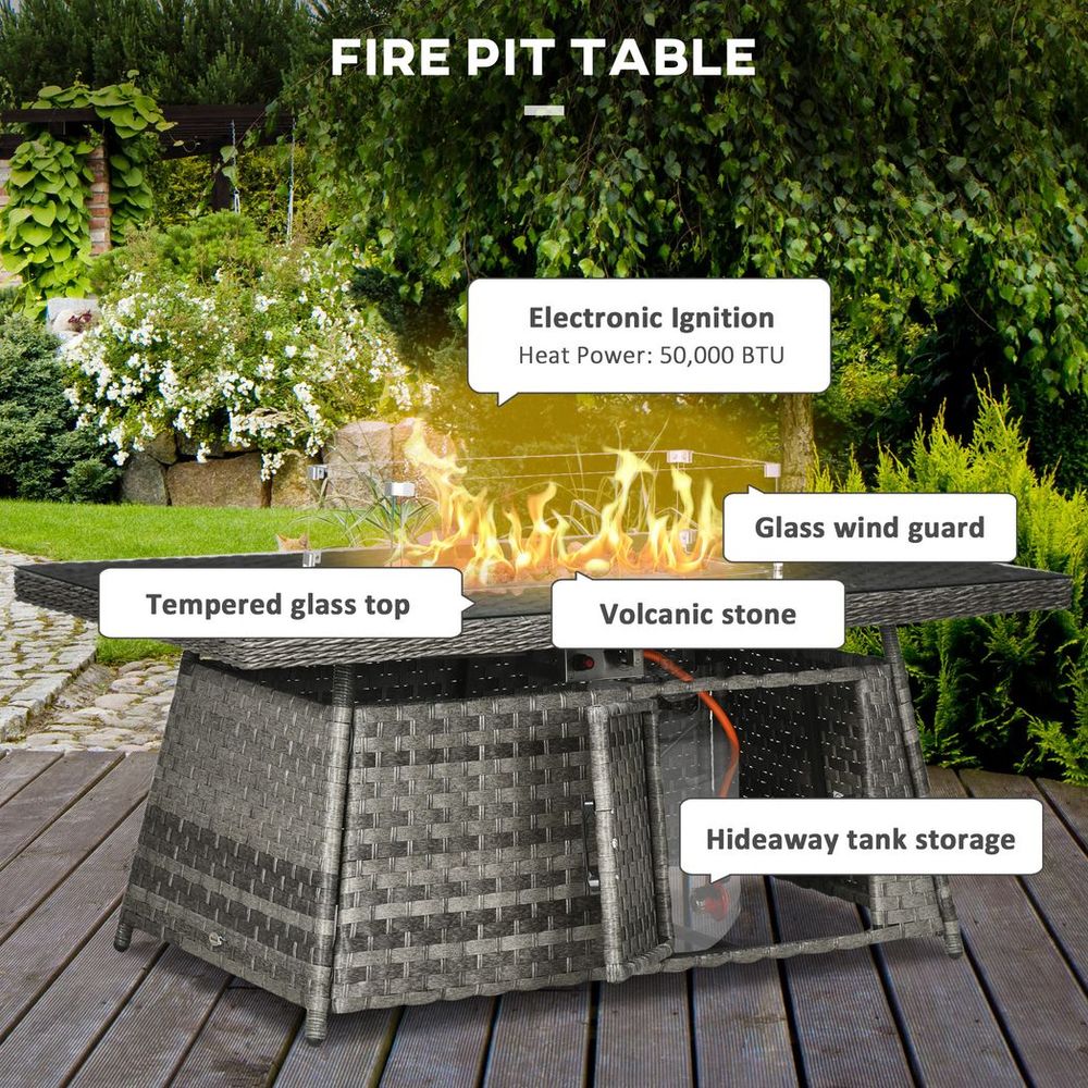 Outsunny 7 Pieces Rattan Garden Furniture Set w/ 50,000 BTU Gas Fire Pit Table - SILVIONIX