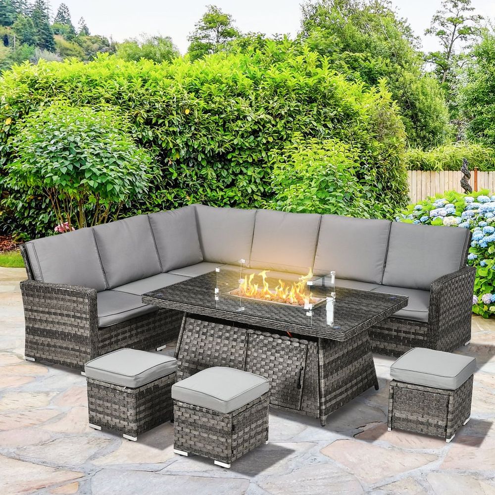 Outsunny 7 Pieces Rattan Garden Furniture Set w/ 50,000 BTU Gas Fire Pit Table - SILVIONIX