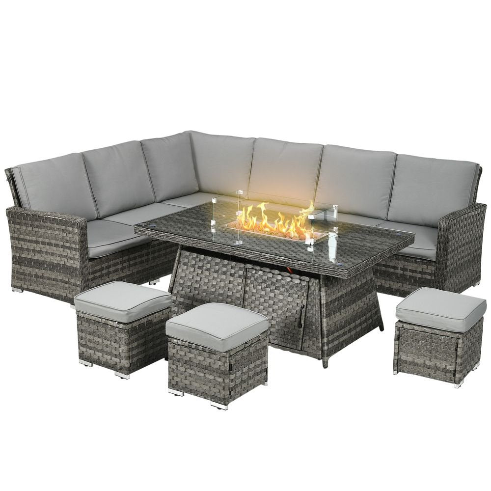 Outsunny 7 Pieces Rattan Garden Furniture Set w/ 50,000 BTU Gas Fire Pit Table - SILVIONIX