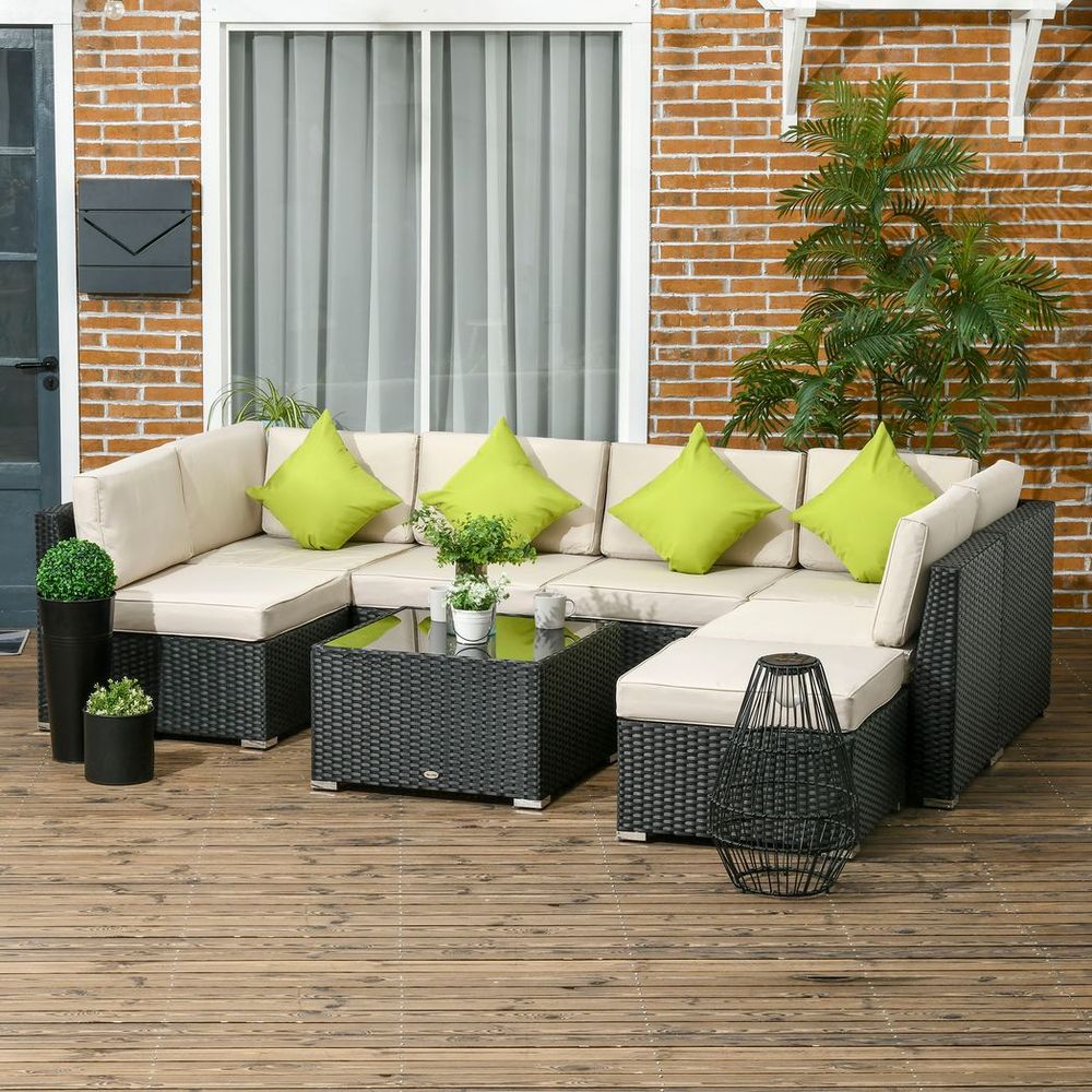 Outsunny 8 Pieces Patio Rattan Sofa Set Garden Furniture Set for Outdoor Black - SILVIONIX