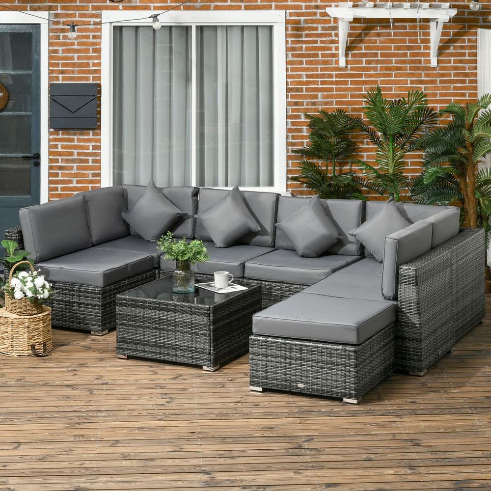 Outsunny 8 Pieces Patio Rattan Sofa Set Garden Furniture Set for Outdoor Grey - SILVIONIX