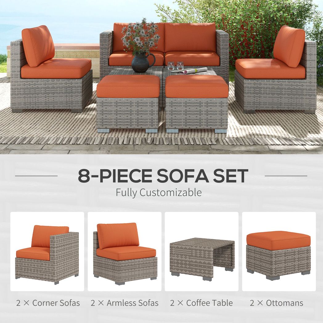 Outsunny 8pc Outdoor Patio Furniture Set Weather Wicker Rattan Sofa Chair Orange - SILVIONIX