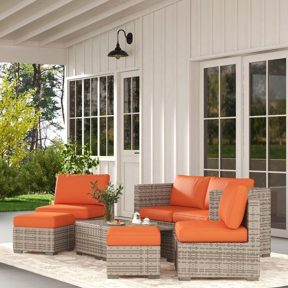 Outsunny 8pc Outdoor Patio Furniture Set Weather Wicker Rattan Sofa Chair Orange - SILVIONIX