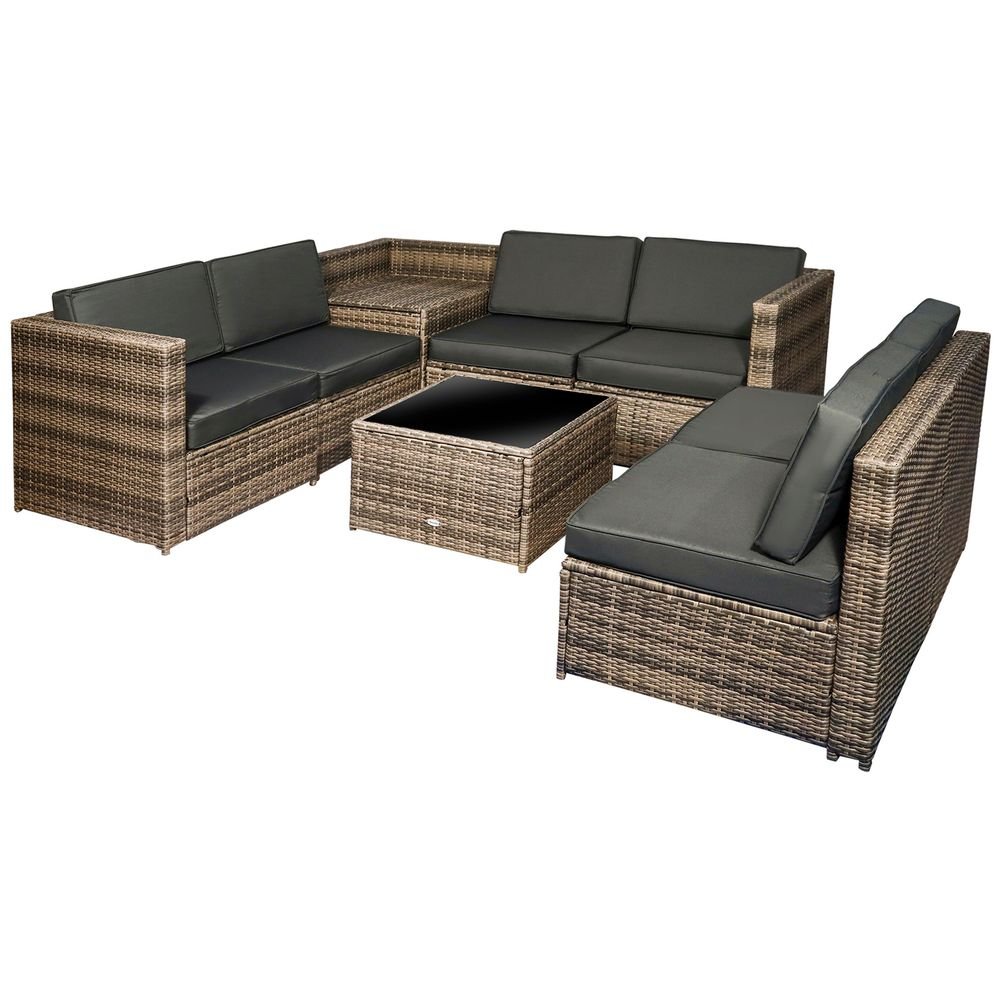 Outsunny 8Pcs Patio Rattan Sofa Set Garden Furniture Side Table w/ Cushion - SILVIONIX