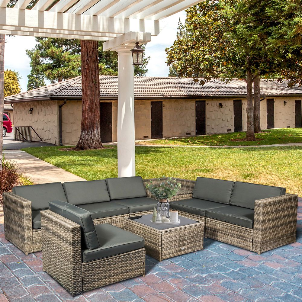 Outsunny 8Pcs Patio Rattan Sofa Set Garden Furniture Side Table w/ Cushion - SILVIONIX