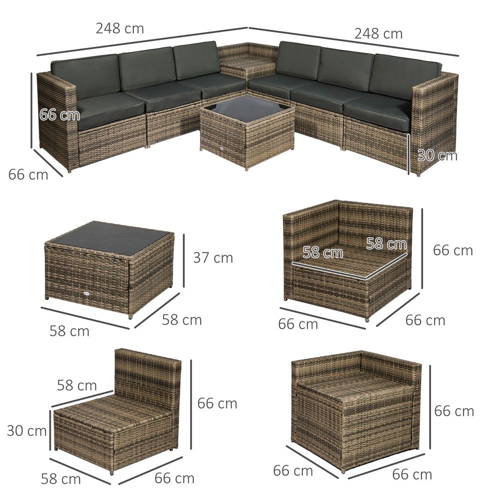 Outsunny 8Pcs Patio Rattan Sofa Set Garden Furniture Side Table w/ Cushion - SILVIONIX