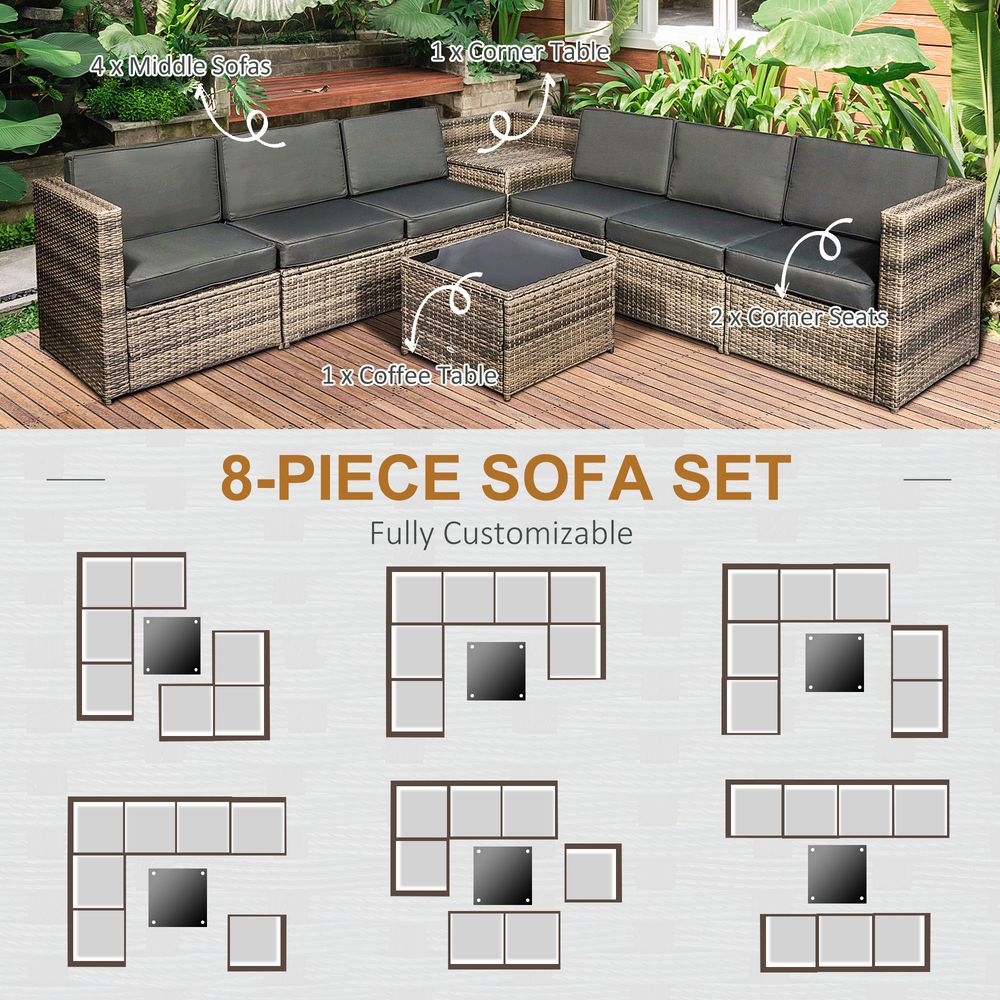 Outsunny 8Pcs Patio Rattan Sofa Set Garden Furniture Side Table w/ Cushion - SILVIONIX