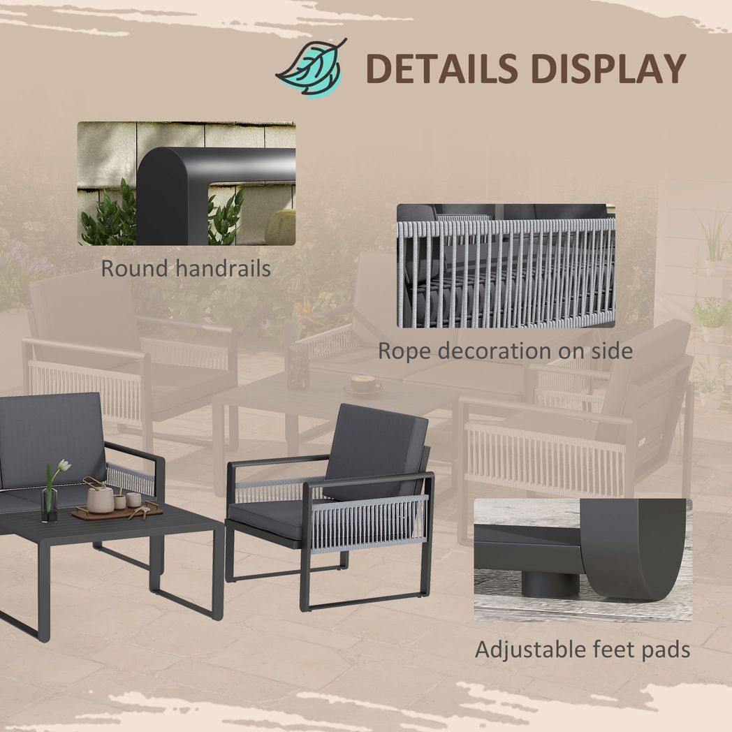 Outsunny Aluminium Garden Furniture Sets w/ Cushions, Slatted Top Table, Black - SILVIONIX