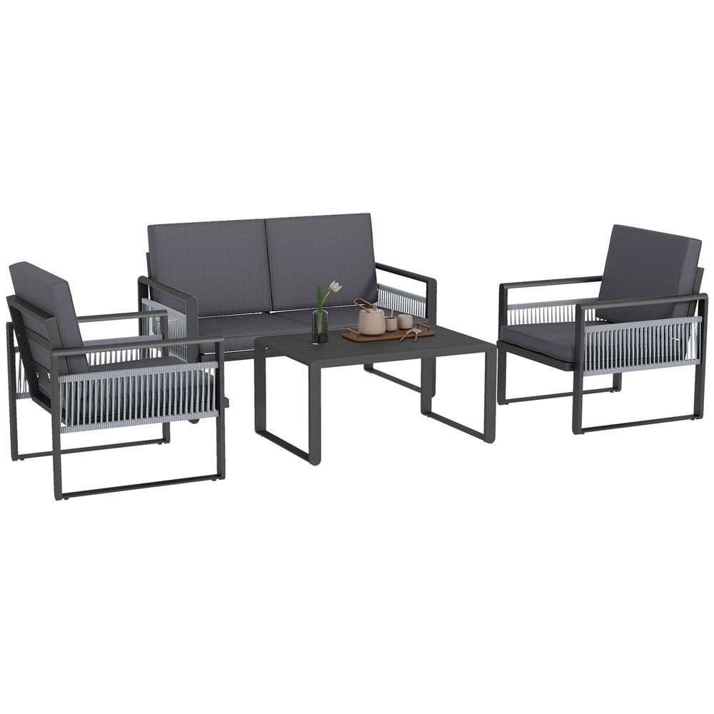 Outsunny Aluminium Garden Furniture Sets w/ Cushions, Slatted Top Table, Black - SILVIONIX