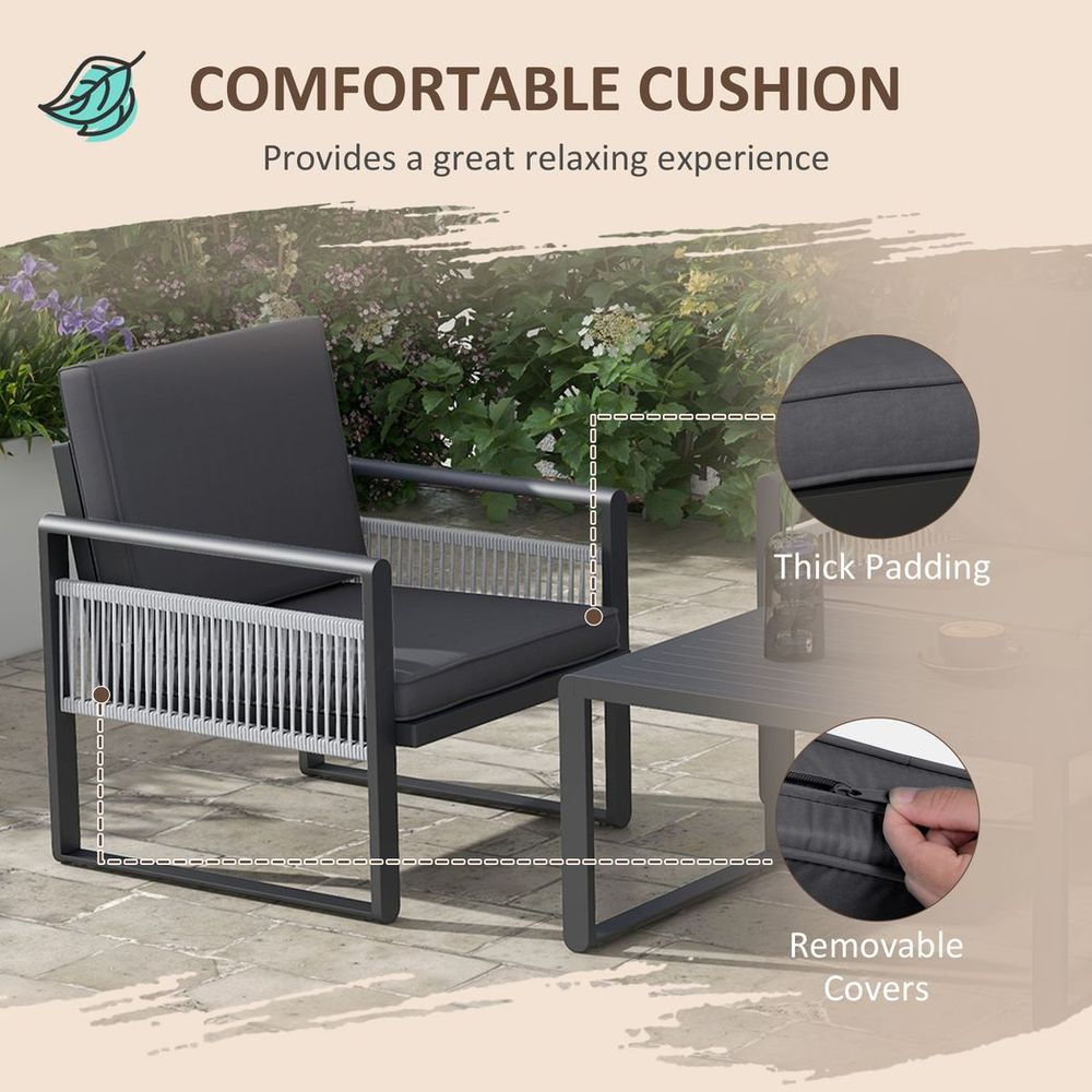 Outsunny Aluminium Garden Furniture Sets w/ Cushions, Slatted Top Table, Black - SILVIONIX