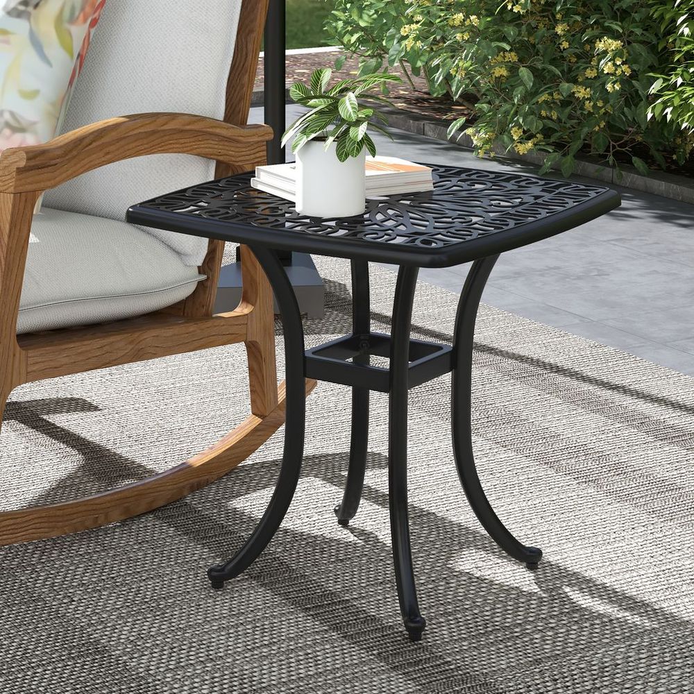 Outsunny Cast Aluminium Bistro Table with Umbrella Hole for Poolside, Black - SILVIONIX