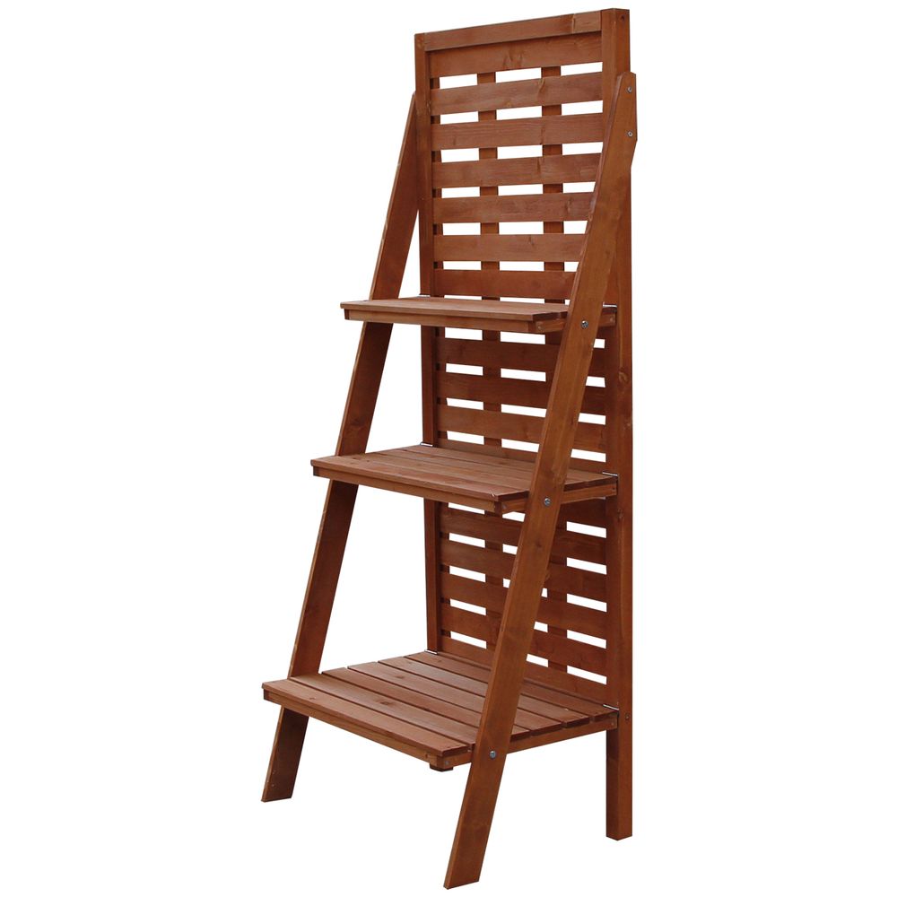 Outsunny Fir Wood 3 - Tier Outdoor Plant Ladder Stand Burnt Orange Tone - SILVIONIX