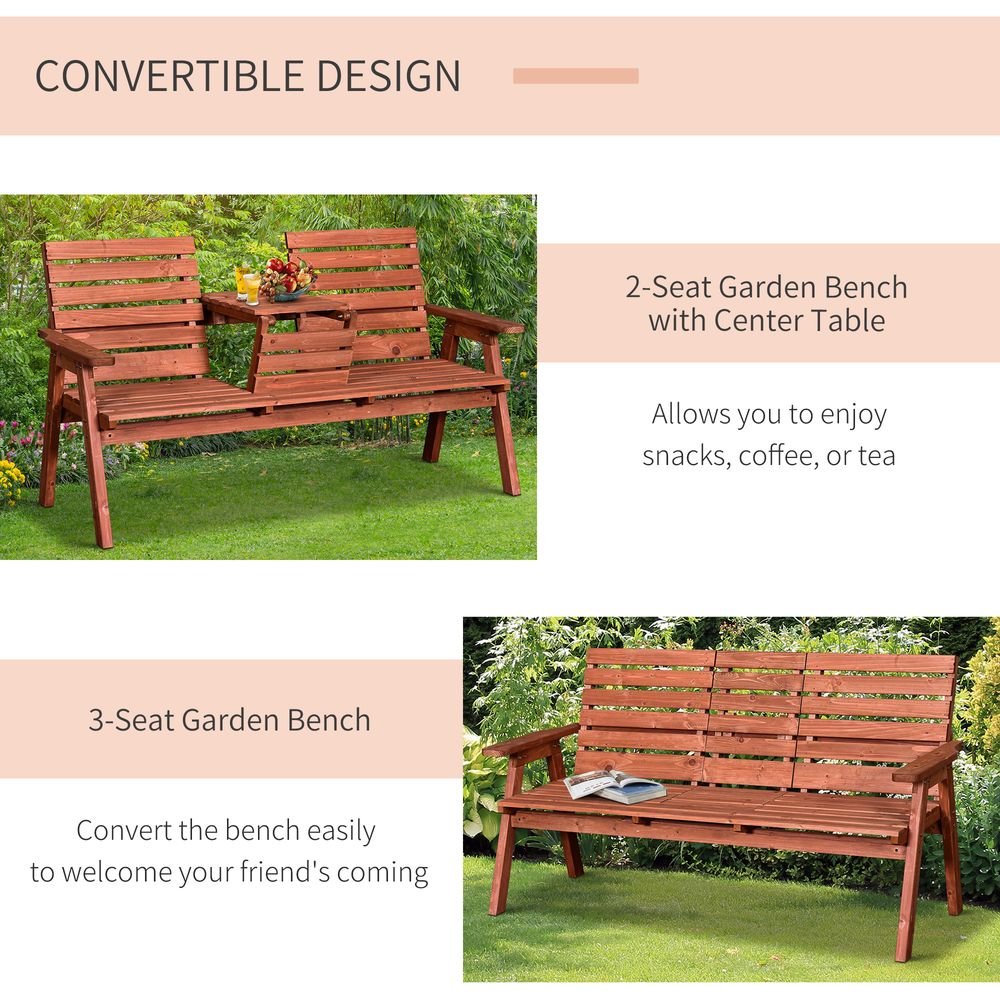 Outsunny Fir Wood Convertible 2 to 3 Seater Outdoor Garden Bench Wood Tone - SILVIONIX