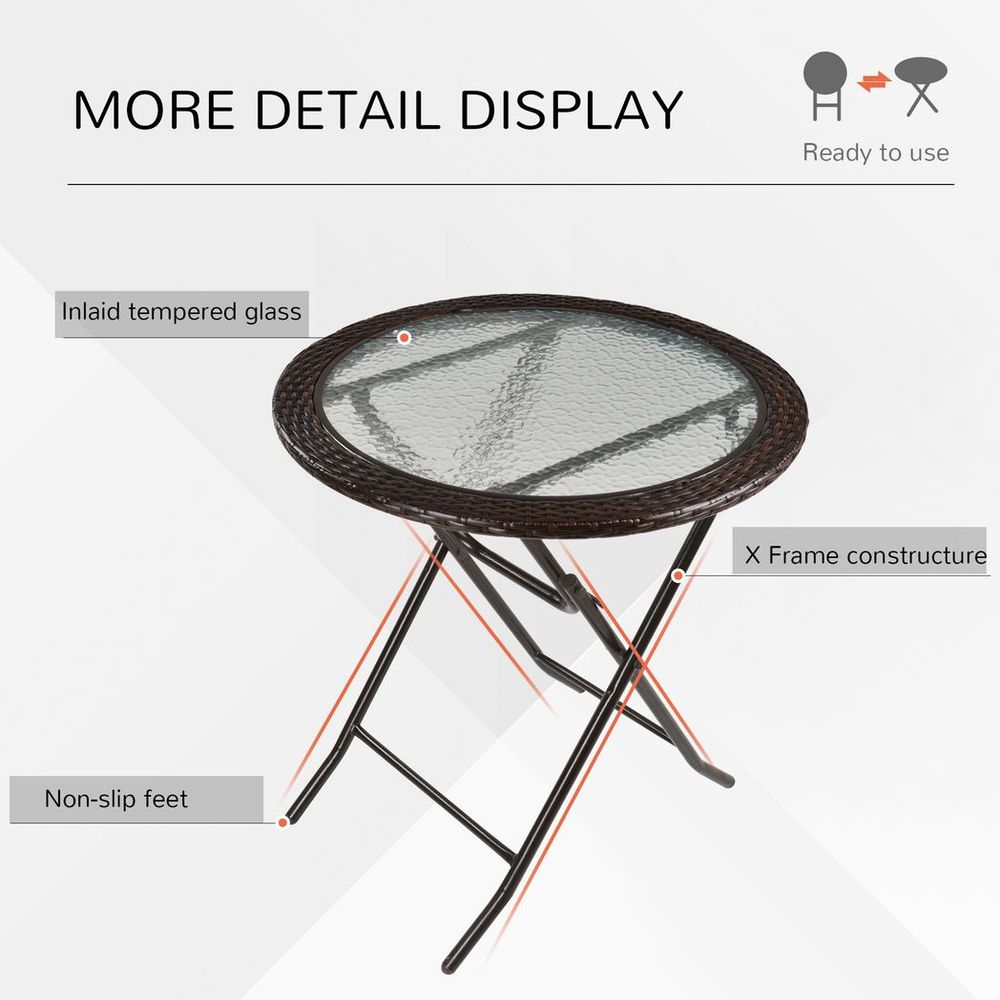 Outsunny Folding Round Tempered Glass Metal Table with Brown Rattan Edging - SILVIONIX