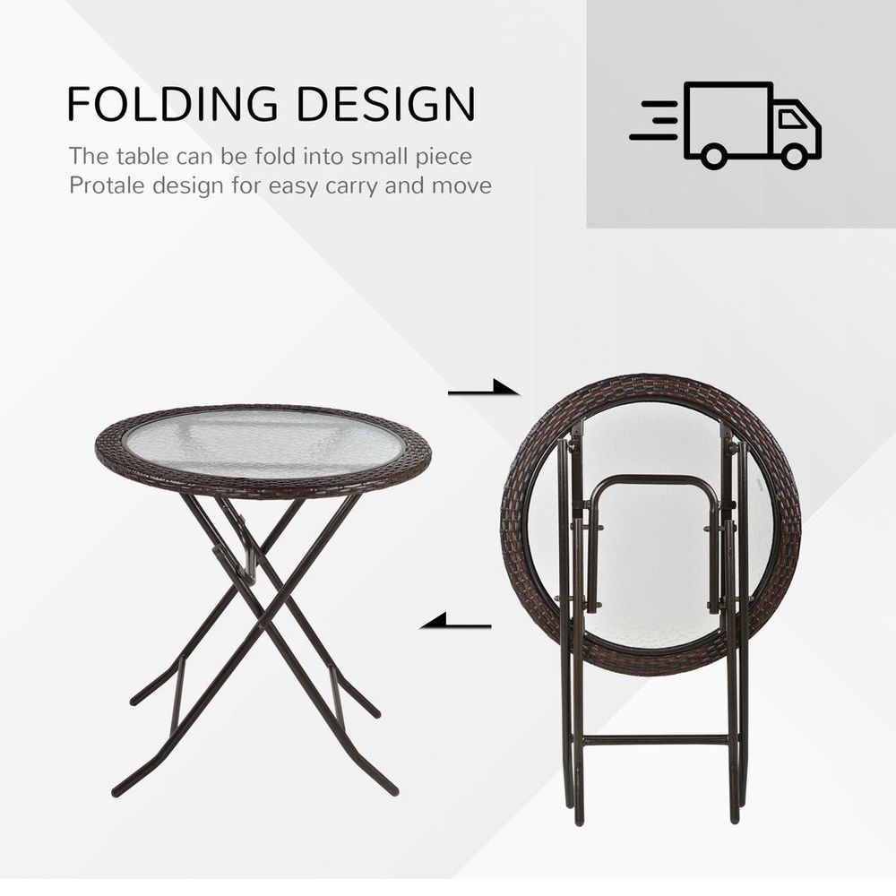 Outsunny Folding Round Tempered Glass Metal Table with Brown Rattan Edging - SILVIONIX