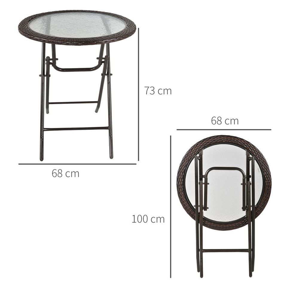 Outsunny Folding Round Tempered Glass Metal Table with Brown Rattan Edging - SILVIONIX