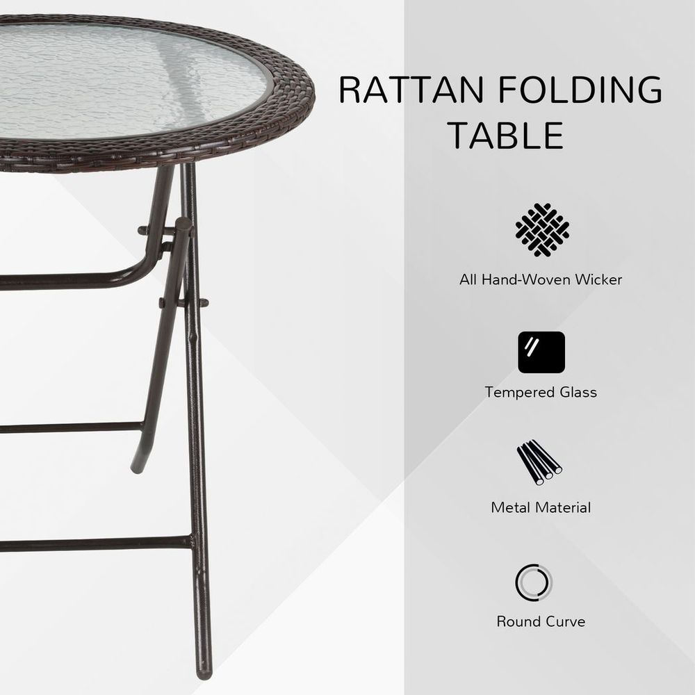 Outsunny Folding Round Tempered Glass Metal Table with Brown Rattan Edging - SILVIONIX