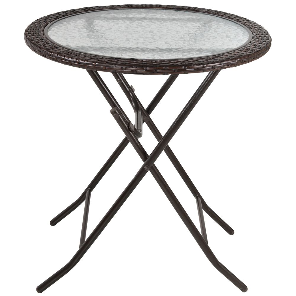 Outsunny Folding Round Tempered Glass Metal Table with Brown Rattan Edging - SILVIONIX