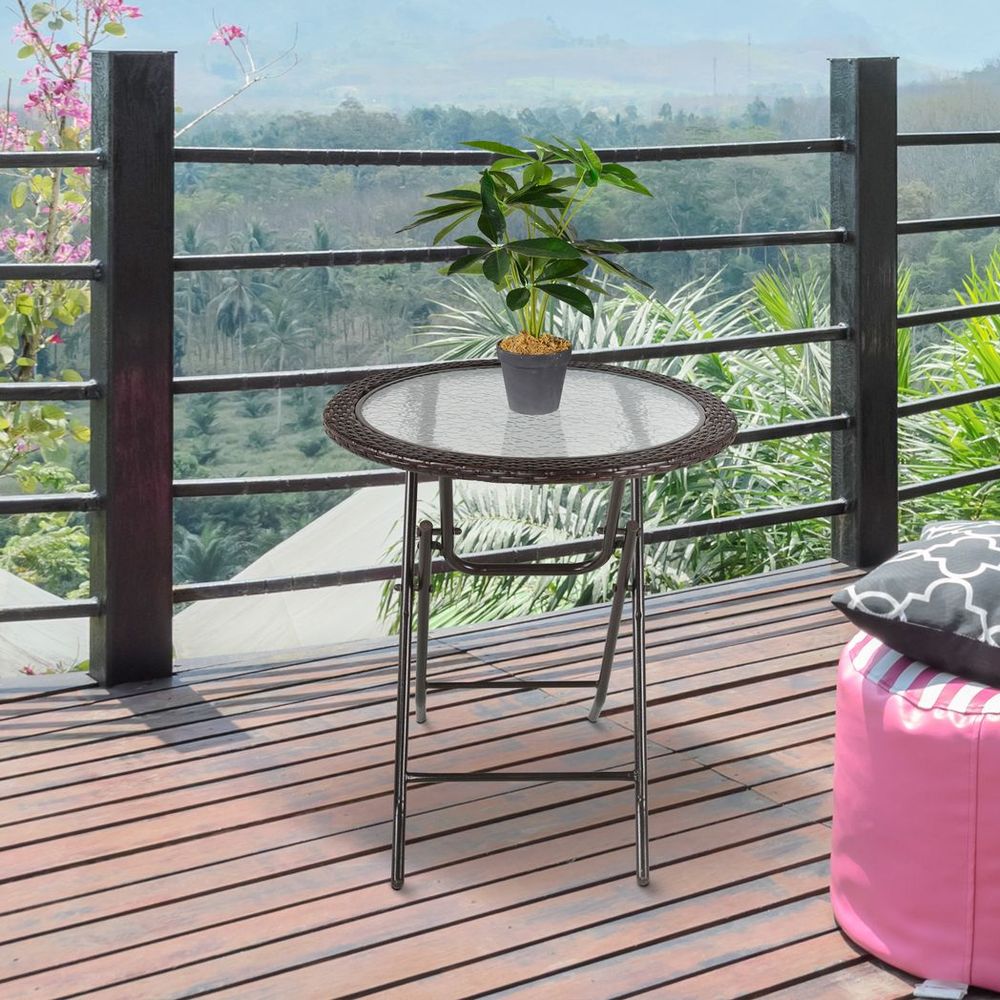 Outsunny Folding Round Tempered Glass Metal Table with Brown Rattan Edging - SILVIONIX