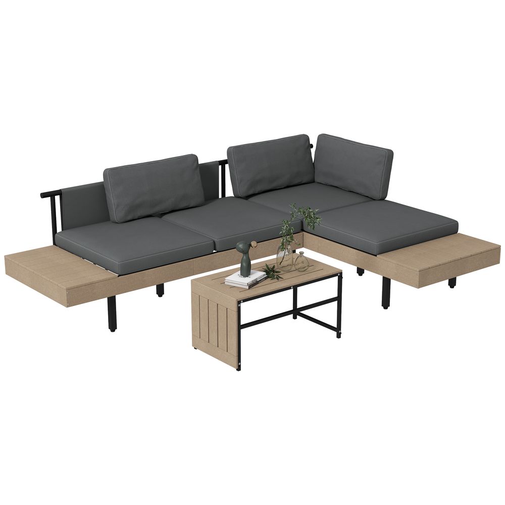 Outsunny HDPE Garden Furniture Sets with Cushions, Table, L - Shaped Sofa, Grey - SILVIONIX