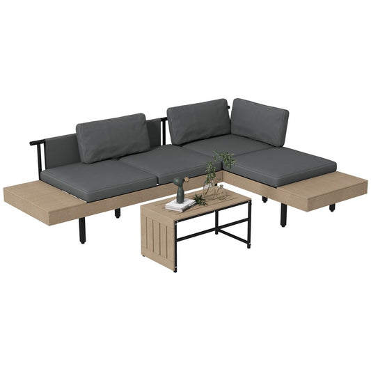 Outsunny HDPE Garden Furniture Sets with Cushions, Table, L - Shaped Sofa, Grey - SILVIONIX