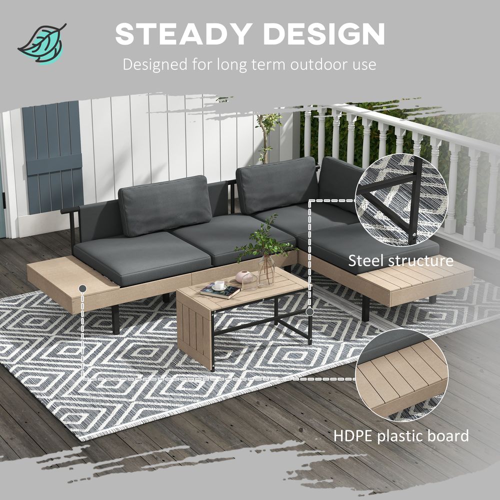 Outsunny HDPE Garden Furniture Sets with Cushions, Table, L - Shaped Sofa, Grey - SILVIONIX