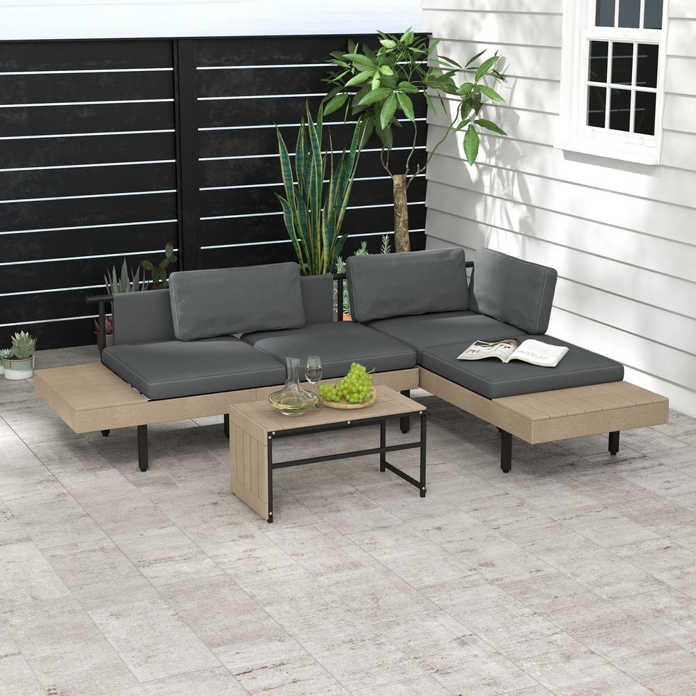 Outsunny HDPE Garden Furniture Sets with Cushions, Table, L - Shaped Sofa, Grey - SILVIONIX