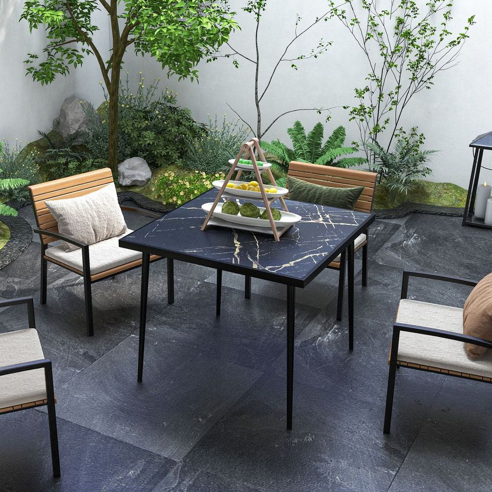 Outsunny Outdoor Dining Table for 4 with Marble Effect Tempered Glass Top Black - SILVIONIX