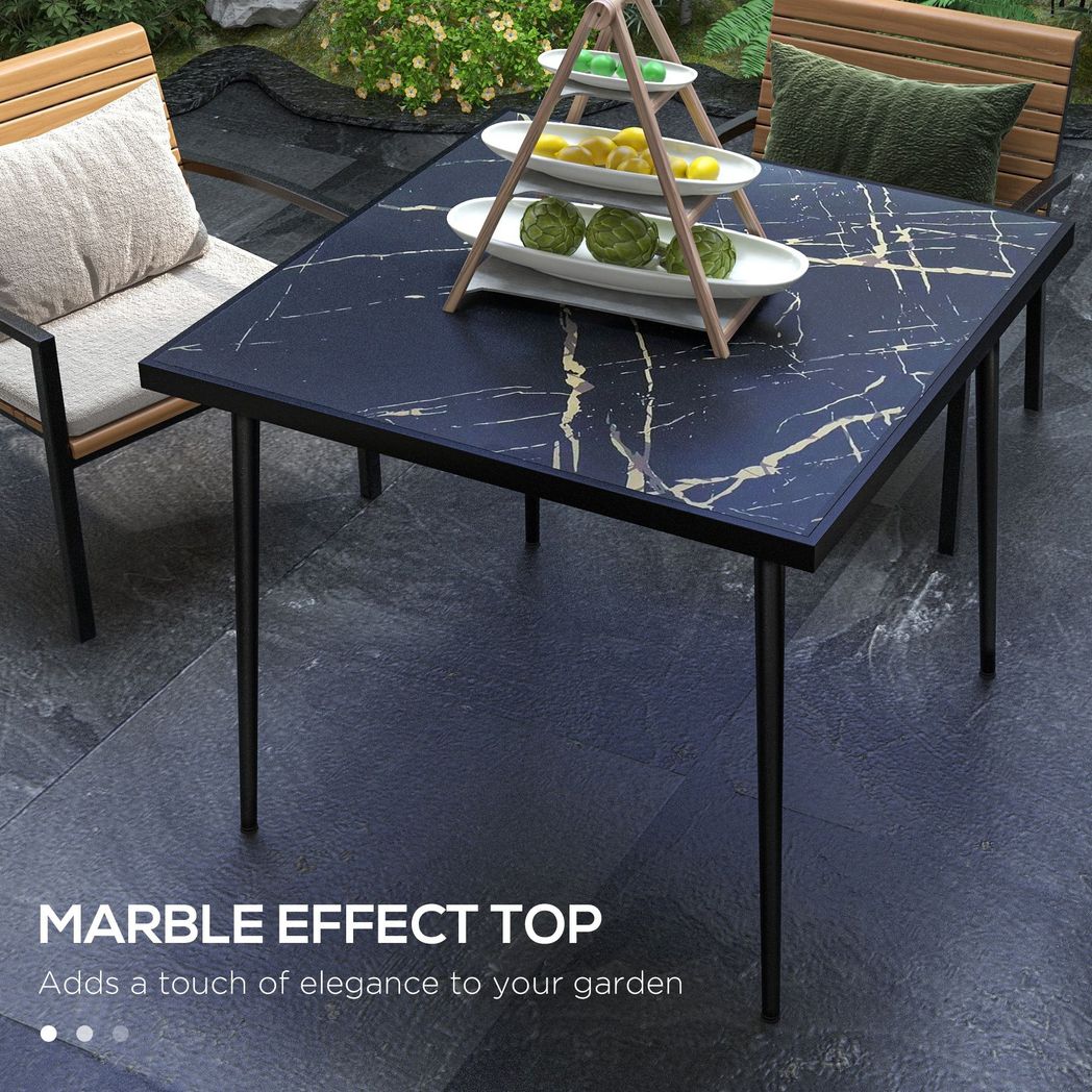 Outsunny Outdoor Dining Table for 4 with Marble Effect Tempered Glass Top Black - SILVIONIX