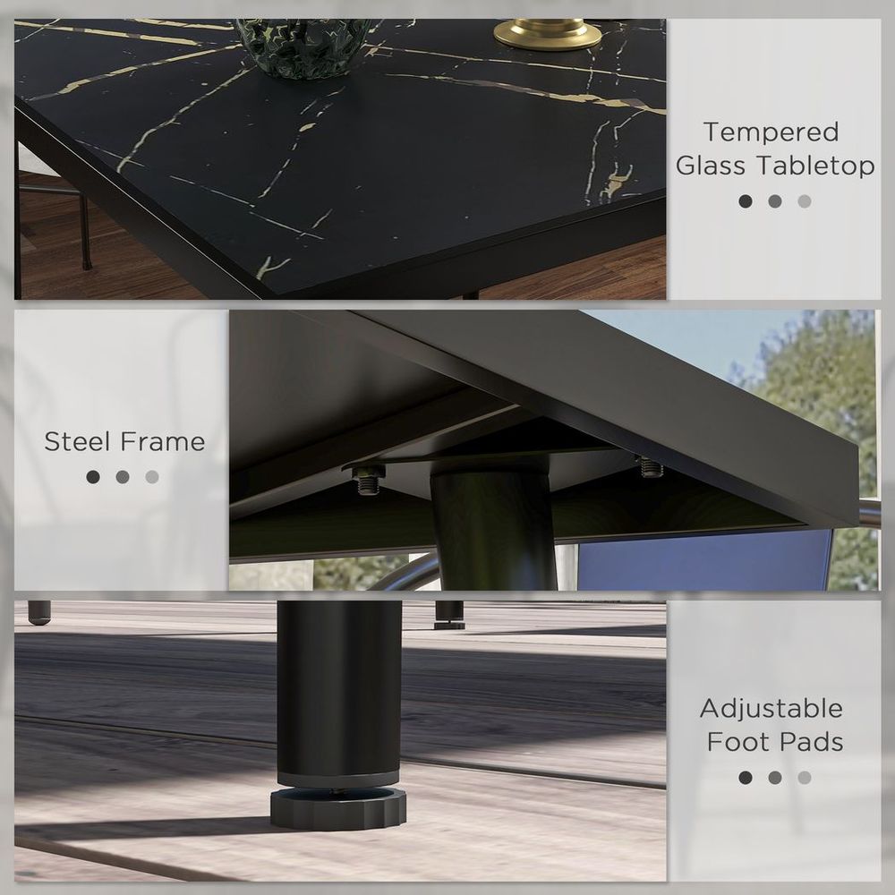 Outsunny Outdoor Dining Table for 4 with Marble Effect Tempered Glass Top Black - SILVIONIX