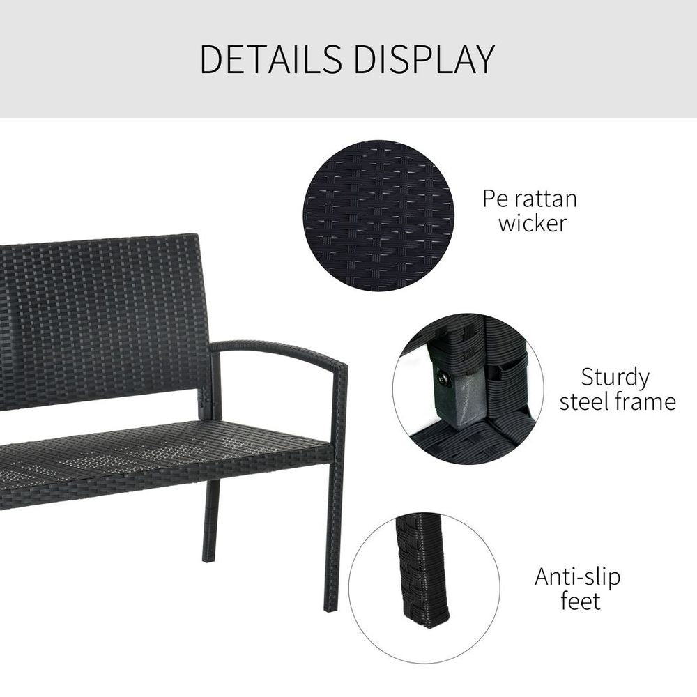 Outsunny Patio Rattan 2 Seater Garden Bench Love Seater Garden Armchair Black - SILVIONIX