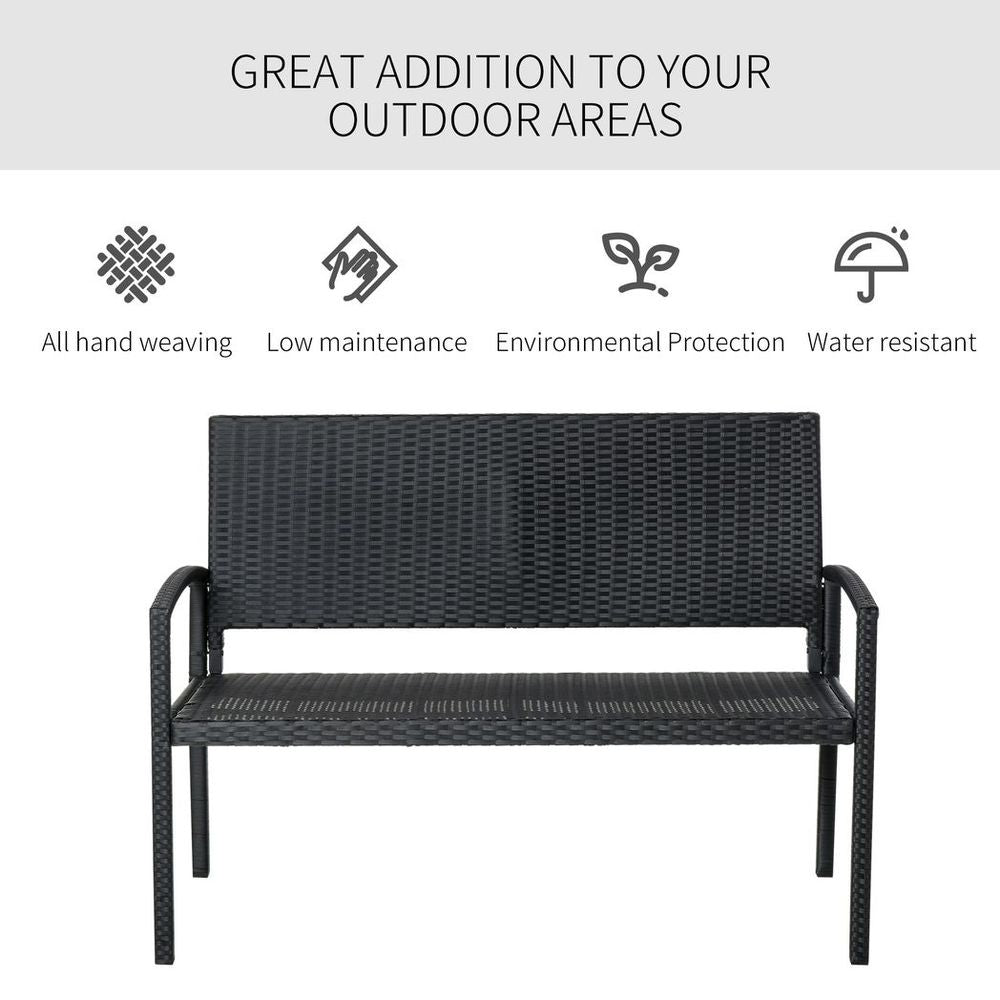 Outsunny Patio Rattan 2 Seater Garden Bench Love Seater Garden Armchair Black - SILVIONIX