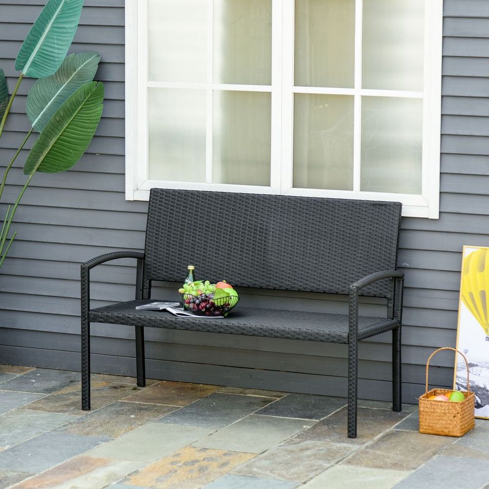 Outsunny Patio Rattan 2 Seater Garden Bench Love Seater Garden Armchair Black - SILVIONIX