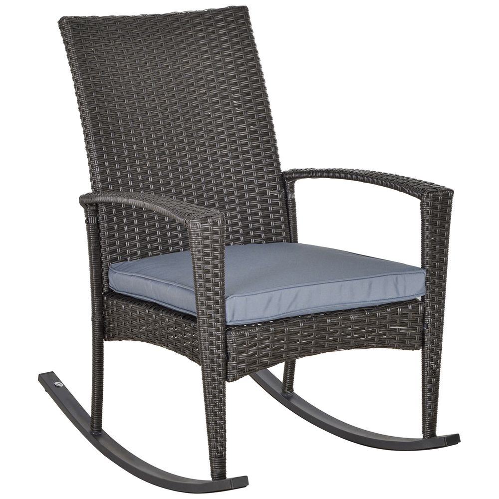 Outsunny PE Rattan Outdoor Garden Rocking Chair w/ Cushion Grey - SILVIONIX