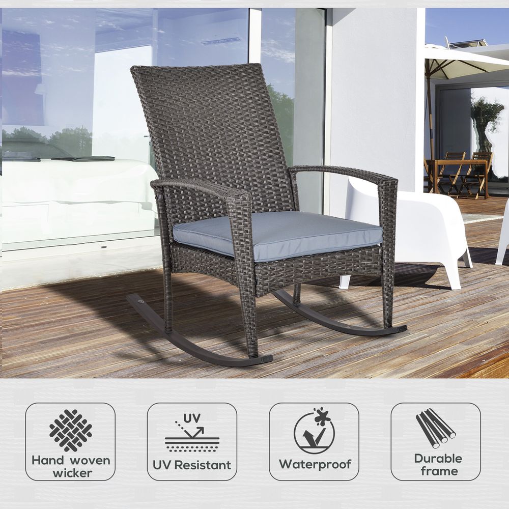 Outsunny PE Rattan Outdoor Garden Rocking Chair w/ Cushion Grey - SILVIONIX