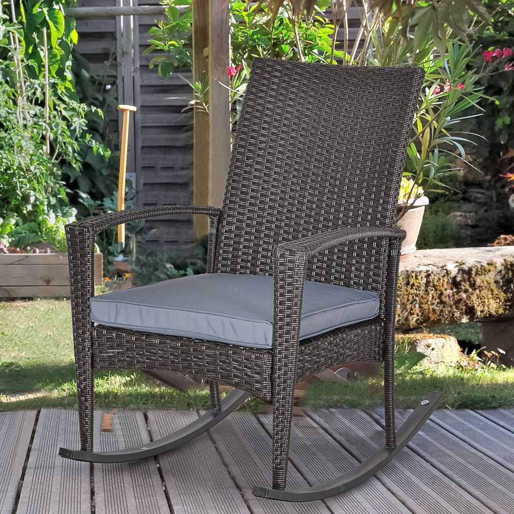 Outsunny PE Rattan Outdoor Garden Rocking Chair w/ Cushion Grey - SILVIONIX