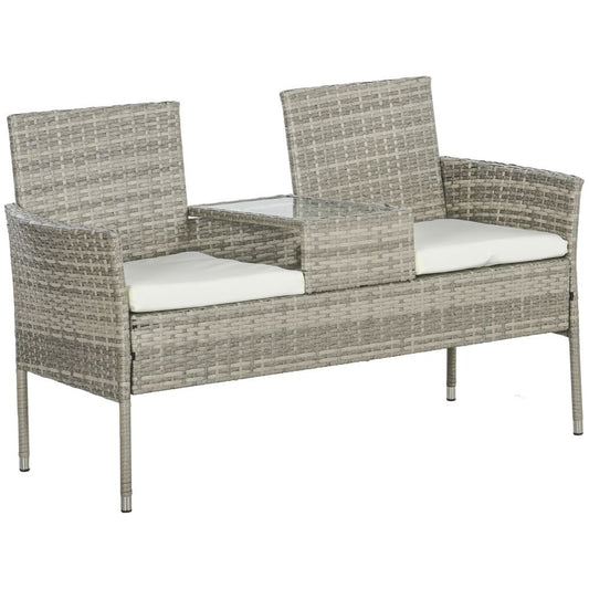 Outsunny Rattan Garden Bench w/ Glass Tea Table, Wicker Chair w/ Cushions, Grey - SILVIONIX