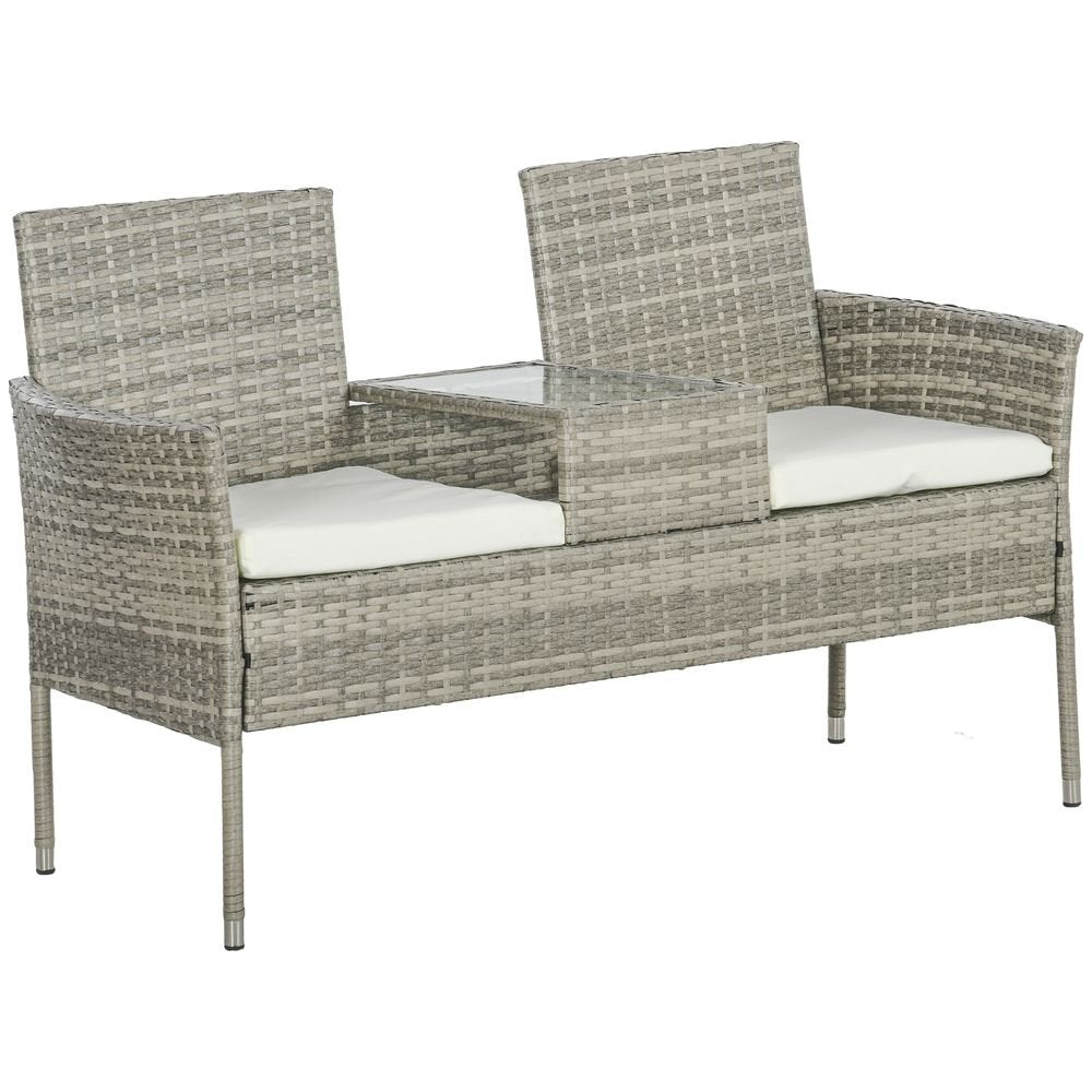 Outsunny Rattan Garden Bench w/ Glass Tea Table, Wicker Chair w/ Cushions, Grey - SILVIONIX