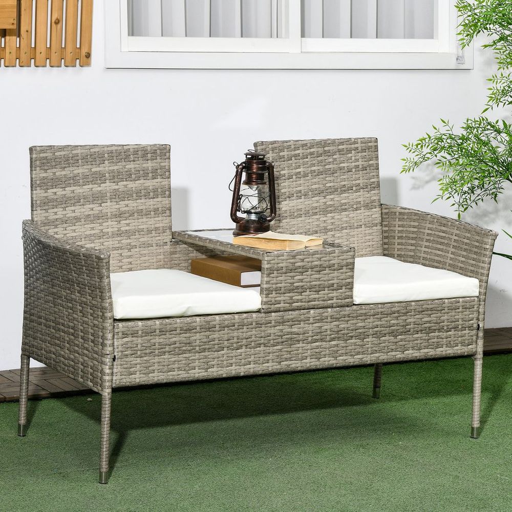 Outsunny Rattan Garden Bench w/ Glass Tea Table, Wicker Chair w/ Cushions, Grey - SILVIONIX