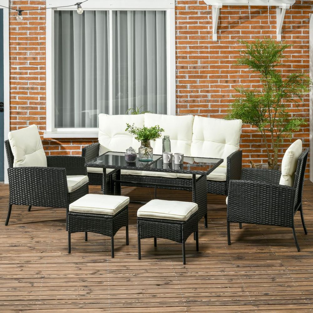 Outsunny Rattan Garden Furniture Sofa Set, 2 Armchairs 2 Footstools Table White - SILVIONIX