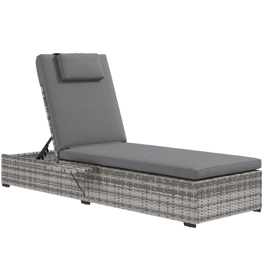 Outsunny Rattan Lounger with Cushion, 5 - Level Reclining Rattan Sun Lounger, Grey - SILVIONIX