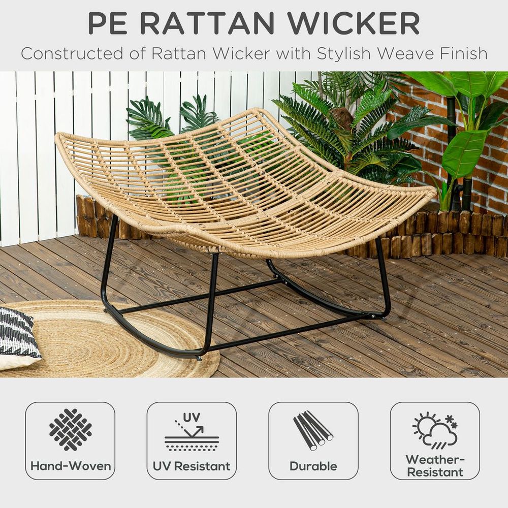 Outsunny Rattan Rocking Chair, Cushioned Wicker Porch Chair, Natural Wood Finish - SILVIONIX