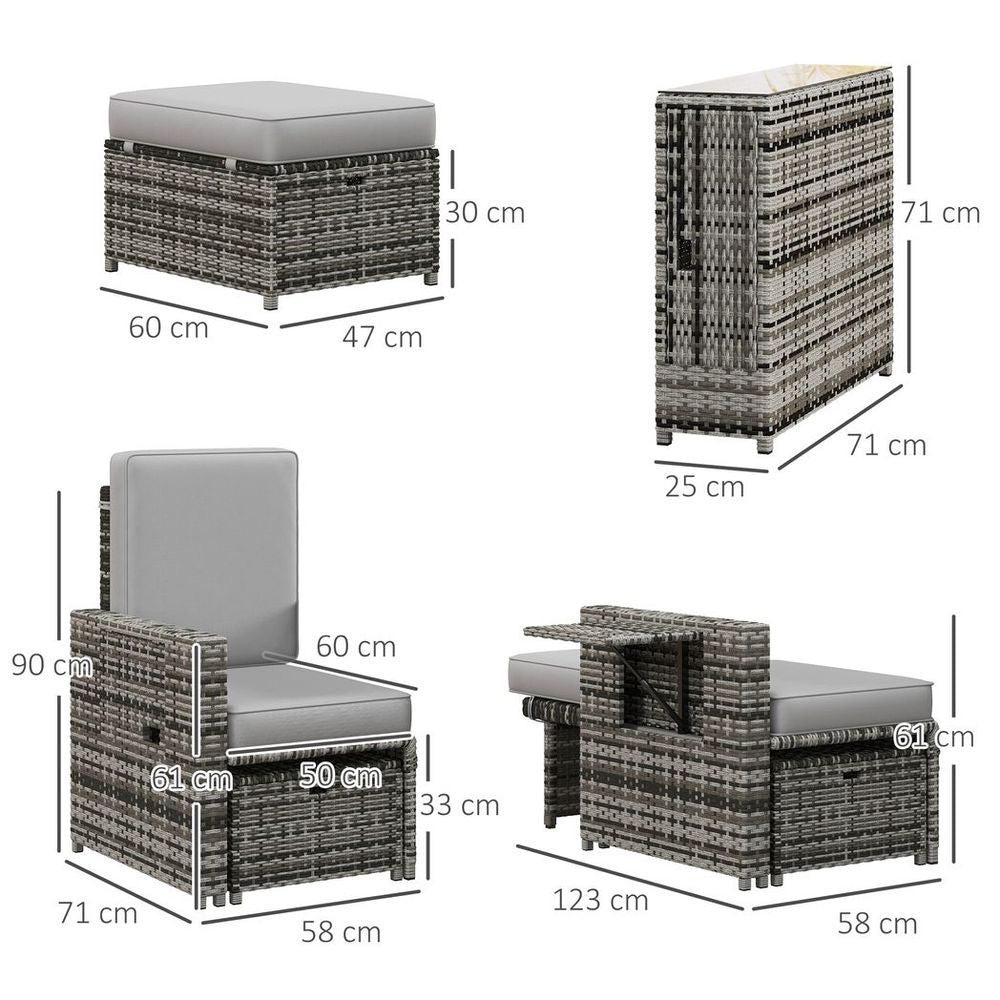 Outsunny Recliner Rattan Sun Lounger w/ Storage Tea Table & Footstools, Grey - SILVIONIX