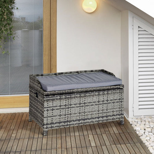 PE Rattan Bench Patio Wicker Storage Basket Seat Furniture w/ Cushion - SILVIONIX