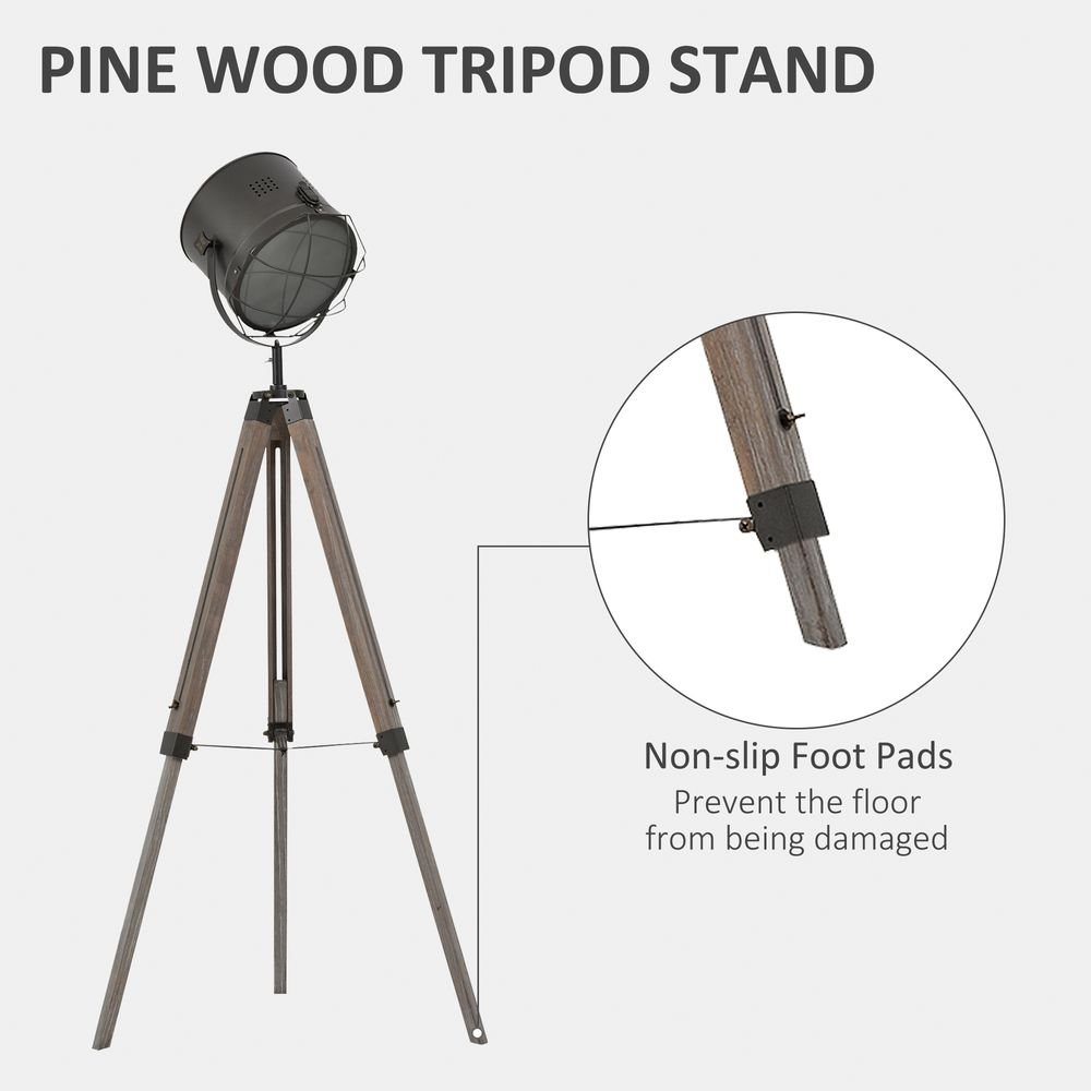 Pine Wood Tripod Spotlight Floor Lamp Brown/Black - SILVIONIX