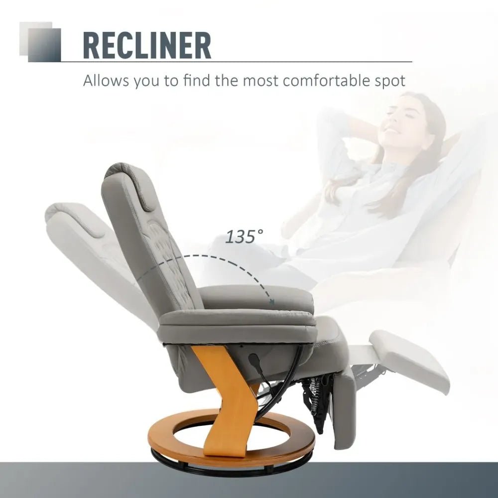 PU Recliner Lounge Chair with Footrest Headrest Wood Base for Home Office Grey - SILVIONIX