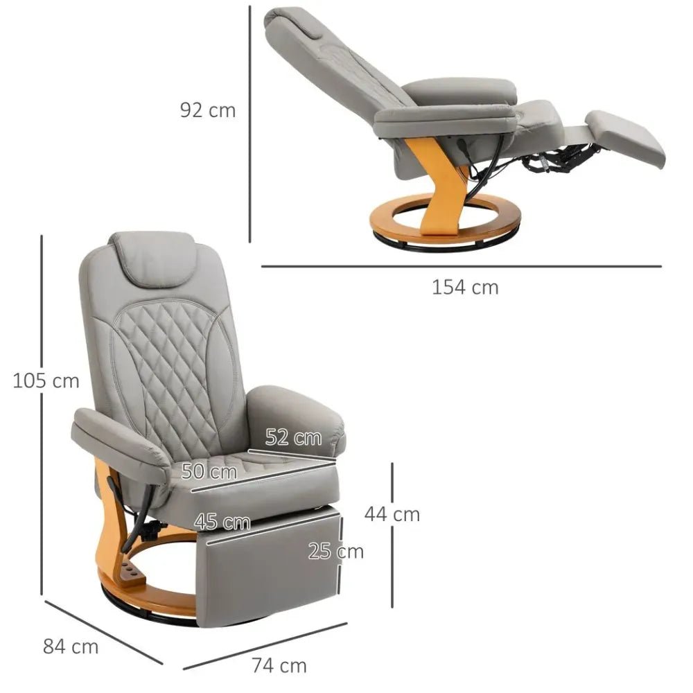 PU Recliner Lounge Chair with Footrest Headrest Wood Base for Home Office Grey - SILVIONIX