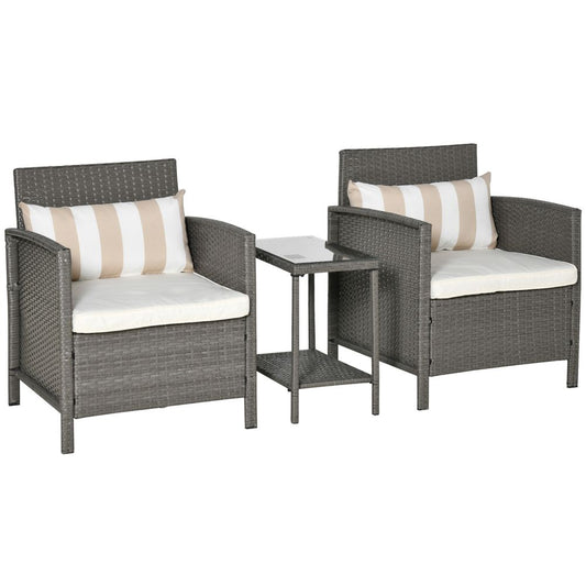 Rattan 2 Seater Patio Bistro Set with Cushion Pillow - Grey, Cream White - SILVIONIX