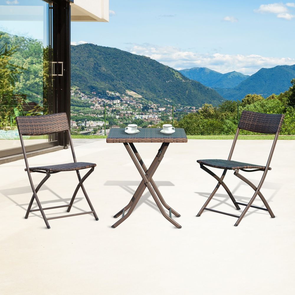 Rattan Garden Bistro Set Coffee 2 Wicker Weave Folding Chairs & 1 Square Table - SILVIONIX